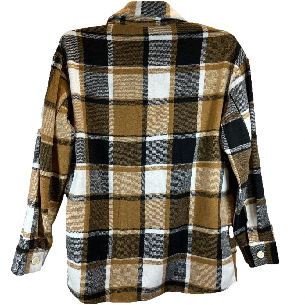 SHEIN Women's LUNE Button Front Plaid‎ Print Drop Shoulder Shirt AN3 Brown Small - Picture 4 of 6